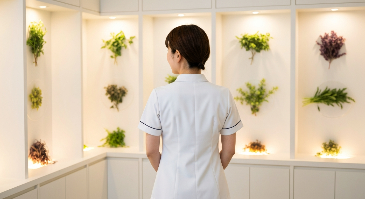La Natureスタッフ紹介 — 白いサロンウェアのプロフェッショナル